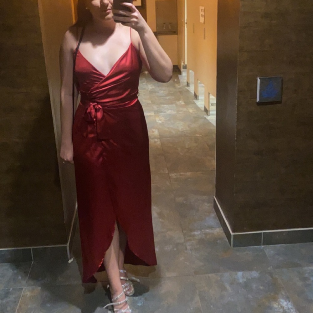 red satin Lucy in the Sky wrap dress